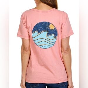 Roxy “Shore Drive” Dusty Pink Cotton T-Shirt Tee w Blue Wave & Sun Design XS